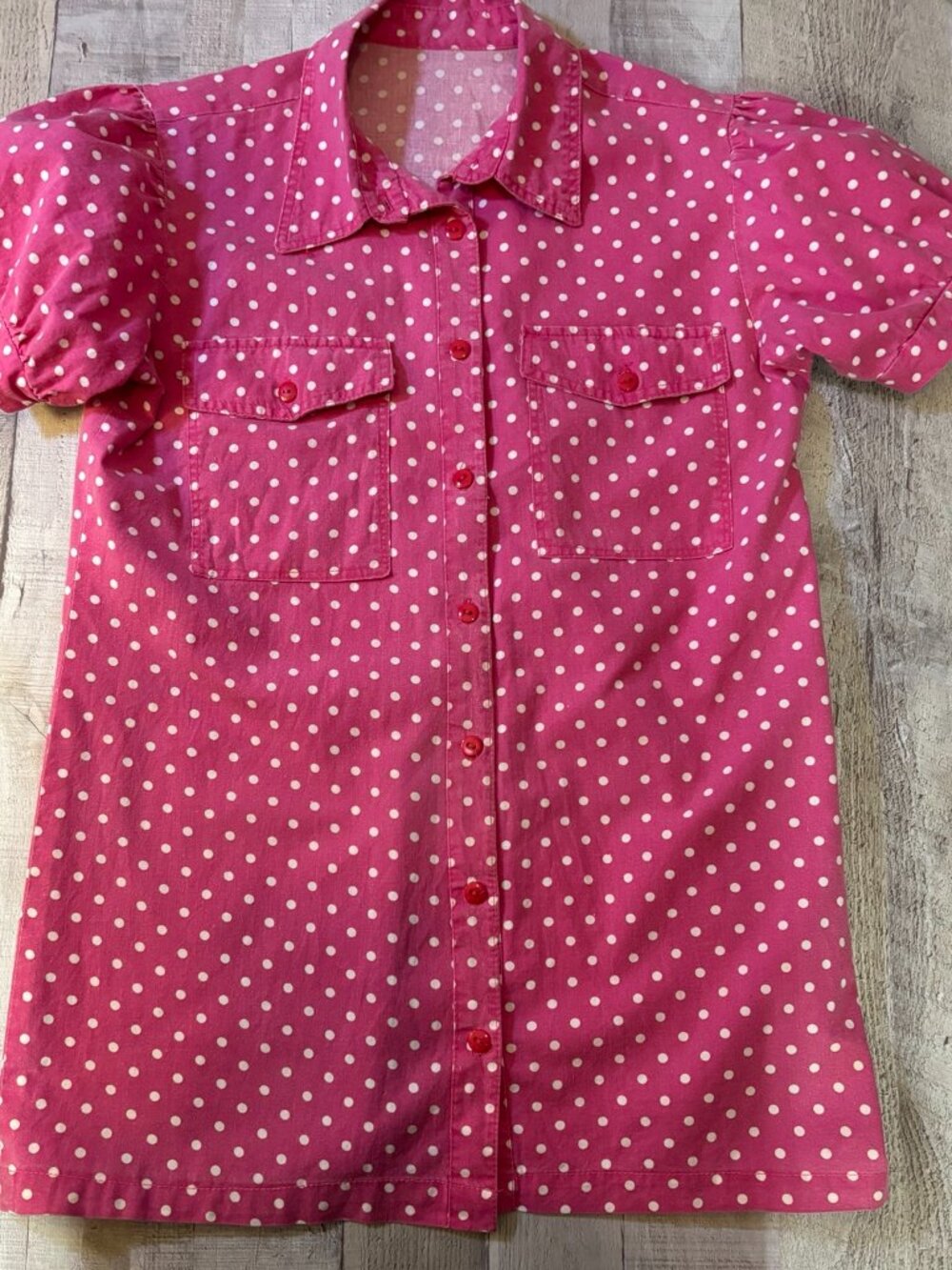Women's Pink Polka Dot Short-Sleeve Button-Up Blouse
